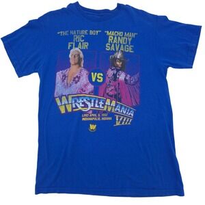 WWE T-Shirt Men Blue Very Good WrestleMania VIII Ric Flair Randy Savage M